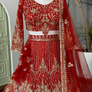 Orange color Hand Embroidery work Designer Lehenga